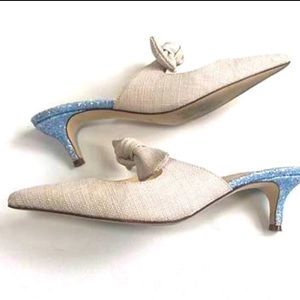 J.Crew Linen Tie Slide Blue Glitter Heel Mule